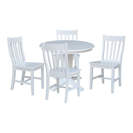International Concepts 36 in. Solid Wood Round Top Pedestal Dining Table with 4 Chairs in White K08-36RT-23B-C61-4